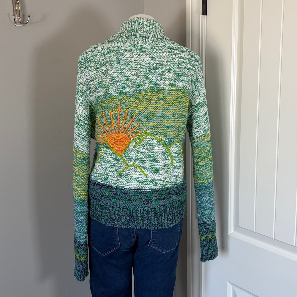 Anthropologie Pilcro Sunset Embroidered Cardigan Green Yellow Rare Sun Sz XS - Picture 9 of 15